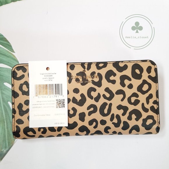 MAKE AN OFFER Kate Spade Large Slim Bifold wallet leopard graphic new black - Picture 6 of 6